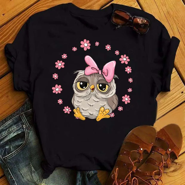 Maycaur Cartoon Owl Print T Shirt