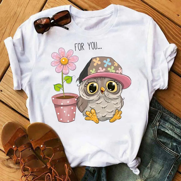 Maycaur Cartoon Owl Print T Shirt