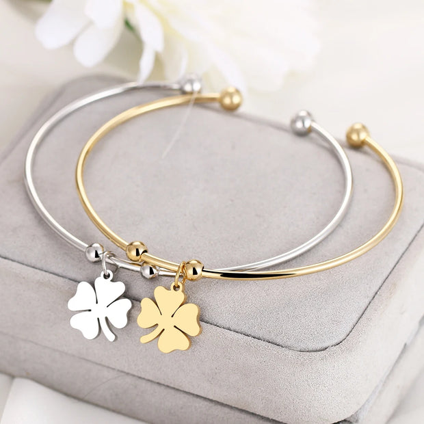 Stainless Steel Open Bracelet Gold Color Clover Simple Trendy Jewelry