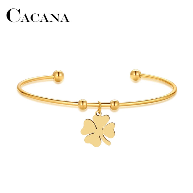 Stainless Steel Open Bracelet Gold Color Clover Simple Trendy Jewelry