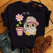 Maycaur Cartoon Owl Print T Shirt