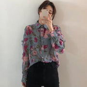 Spring Summer Casual Floral Print Long Sleeve Chiffon Shirt