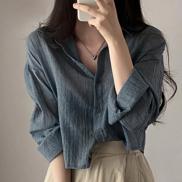 Trendy Shirt Blouse Simple Thin Pure Color