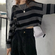 Deeptown Korean Style Striped Cropped Sweater Women Vintage