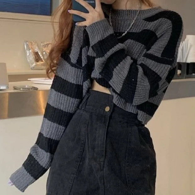 Deeptown Korean Style Striped Cropped Sweater Women Vintage