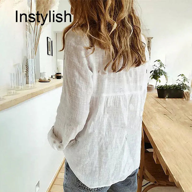 Women Casual Long Sleeve Cotton Linen Loose Shirt