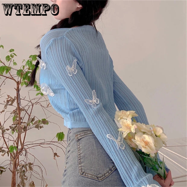 WTEMPO Butterfly Knit Cardigans Women Korean Sexy V-Neck