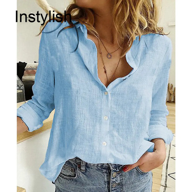 Women Casual Long Sleeve Cotton Linen Loose Shirt