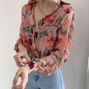 Spring Summer Casual Floral Print Long Sleeve Chiffon Shirt