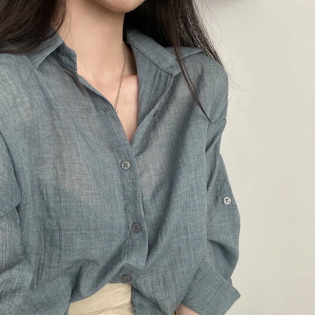 Trendy Shirt Blouse Simple Thin Pure Color