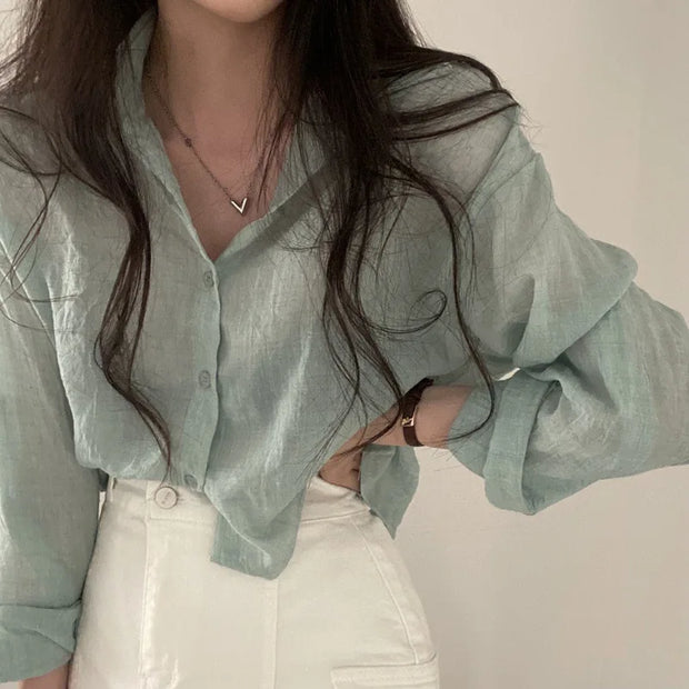 Trendy Shirt Blouse Simple Thin Pure Color