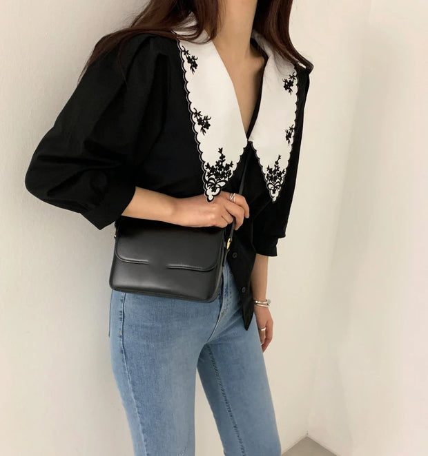 Women Blouse Flower Half Sleeve White Shirt