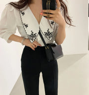 Women Blouse Flower Half Sleeve White Shirt