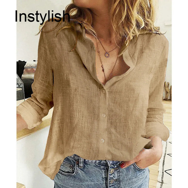 Women Casual Long Sleeve Cotton Linen Loose Shirt