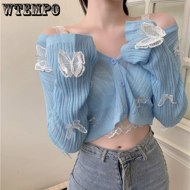 WTEMPO Butterfly Knit Cardigans Women Korean Sexy V-Neck