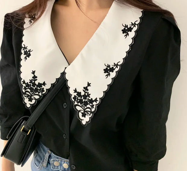 Women Blouse Flower Half Sleeve White Shirt