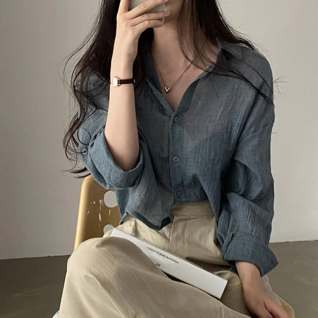 Trendy Shirt Blouse Simple Thin Pure Color