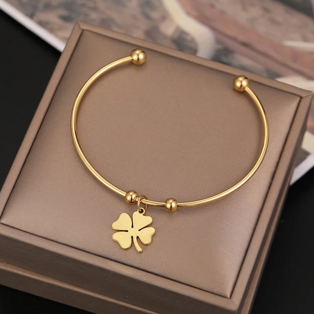 Stainless Steel Open Bracelet Gold Color Clover Simple Trendy Jewelry