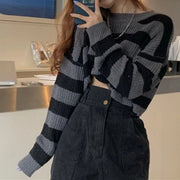 Deeptown Korean Style Striped Cropped Sweater Women Vintage